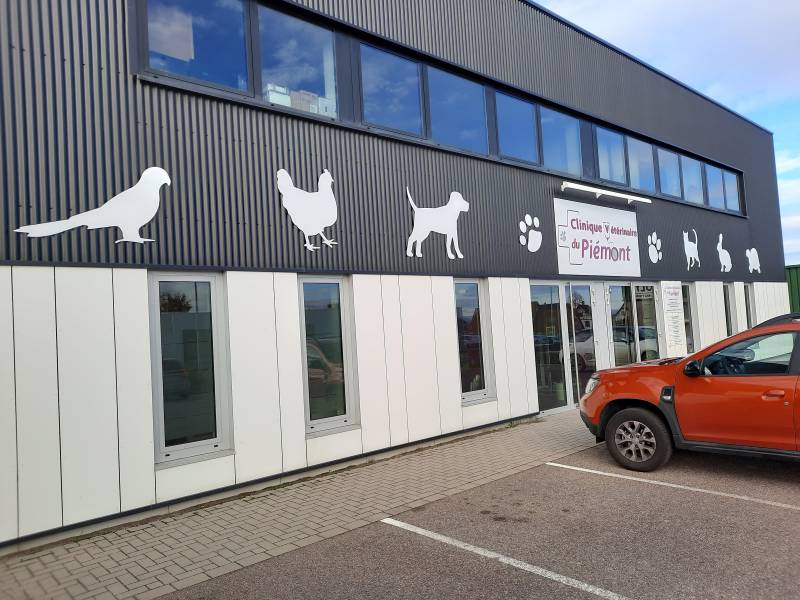 Enseigne en Dibond + découpe de formes animaux pour une Clinique Vétérinaire située à Barr proche de Sélestat